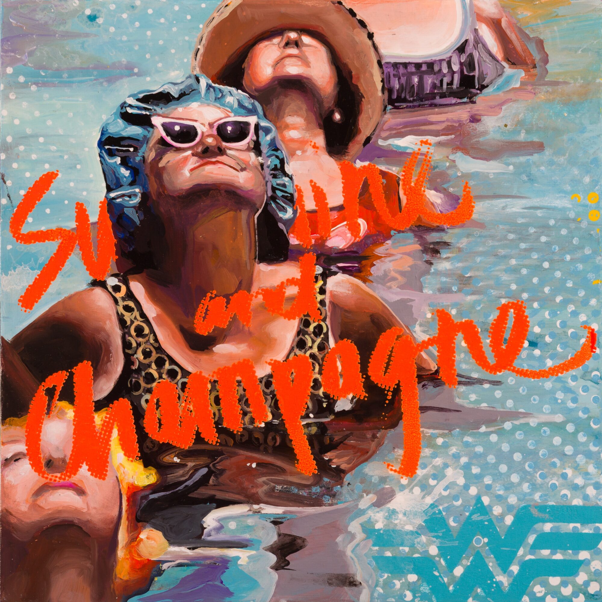 Two women in a pool wearing hats and sunglasses, with orange handwritten text overlay reading