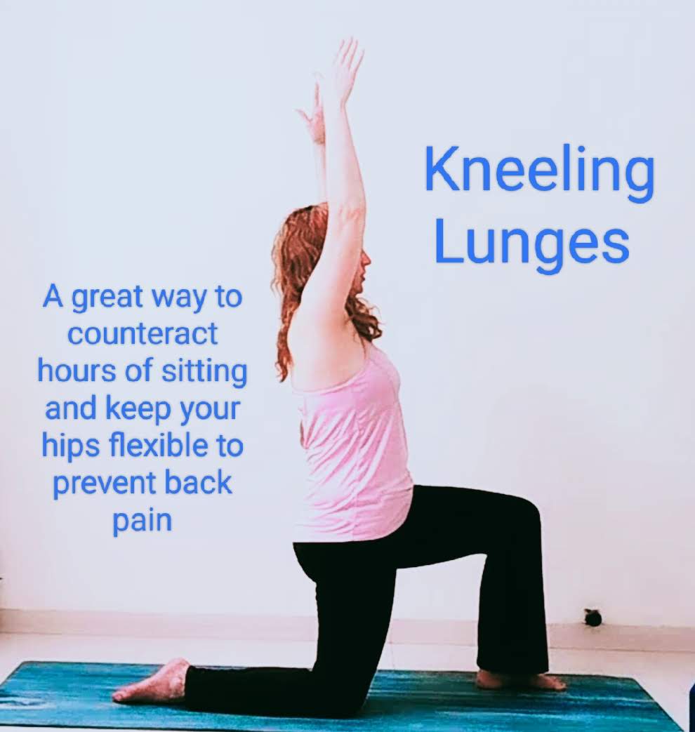 Person kneeling on a yoga mat with arms raised, demonstrating a lunges exercise for back pain relief, with text about lunges.