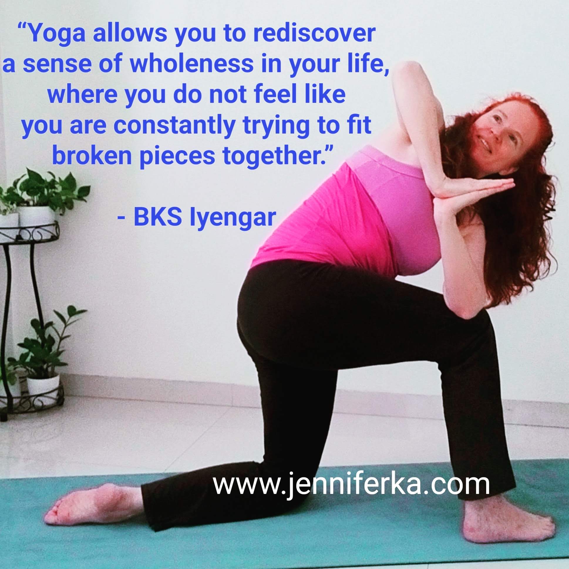 Woman practicing yoga in a pink top and black pants, with a quote about yoga and wholeness, and a website link.
