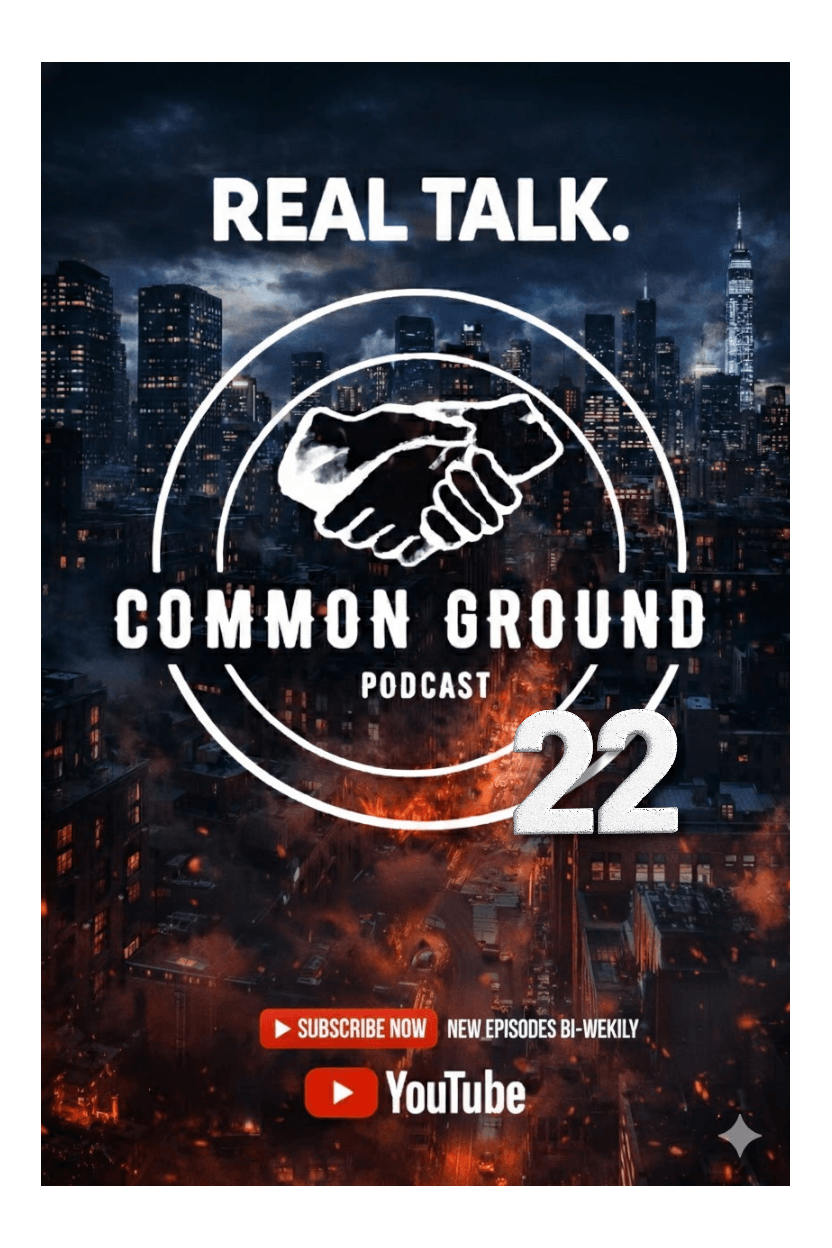 Podcast cover with city skyline background, handshake icon, and text about real talk and common ground, episode 22.