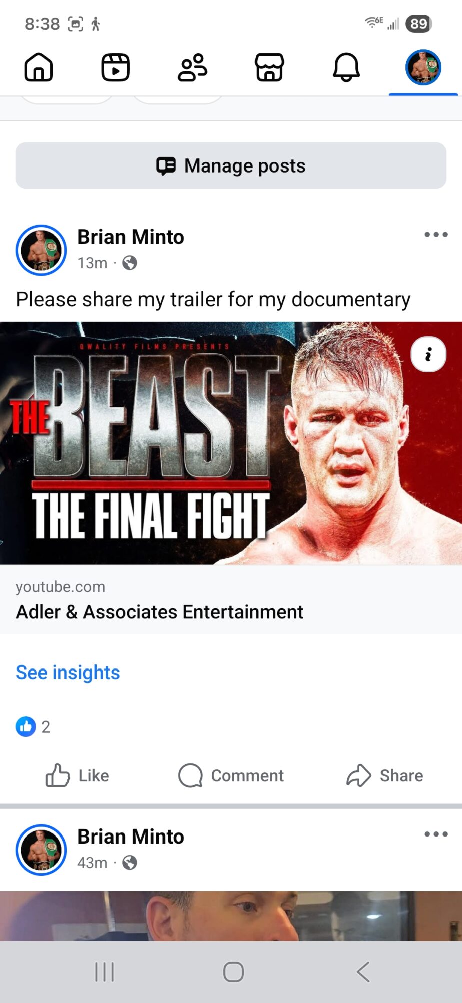 Facebook post sharing a trailer for a documentary titled 'The Beast: The Final Fight' featuring a man with short hair.