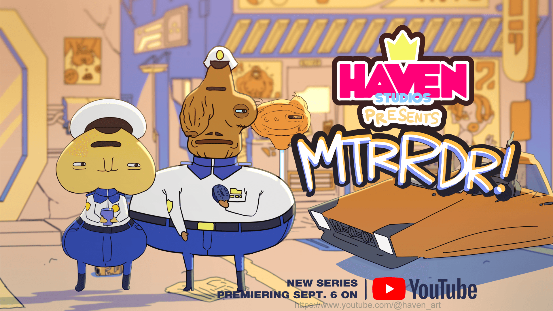 Two cartoon characters in police uniforms stand in front of a futuristic cityscape, with a large brown object and a laptop nearby.