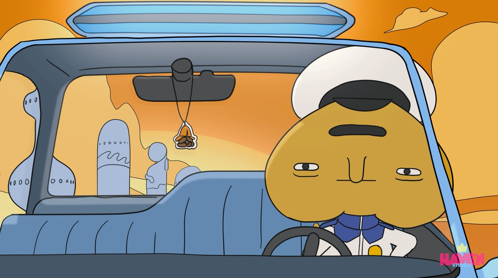 A cartoon character with a yellow face and white hat driving a vehicle with a cityscape background.