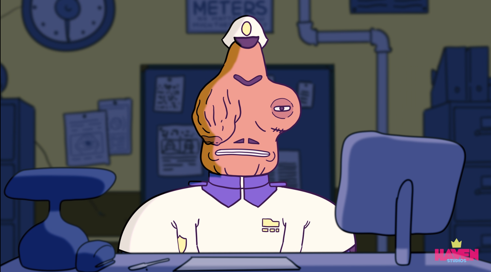 Animated character with a dog-like face wearing a nurse's cap and white uniform, sitting at a desk in a room.