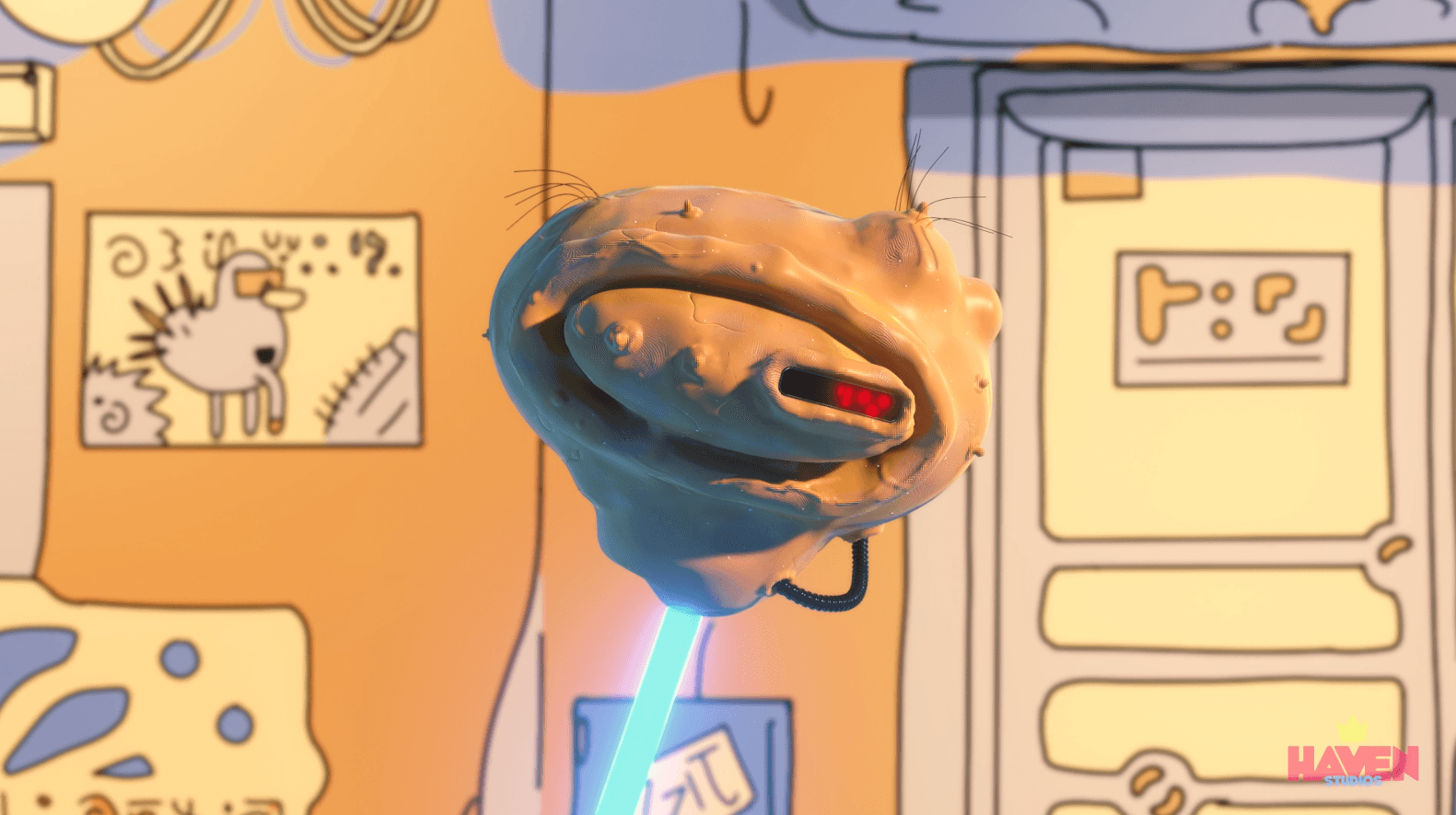 A creature with a large, round head and a small body, holding a glowing blue stick, in a cartoon room.