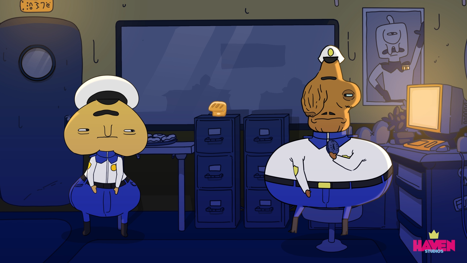 Two cartoon characters in a room with a computer, desk, and framed picture, wearing sailor outfits and hats.