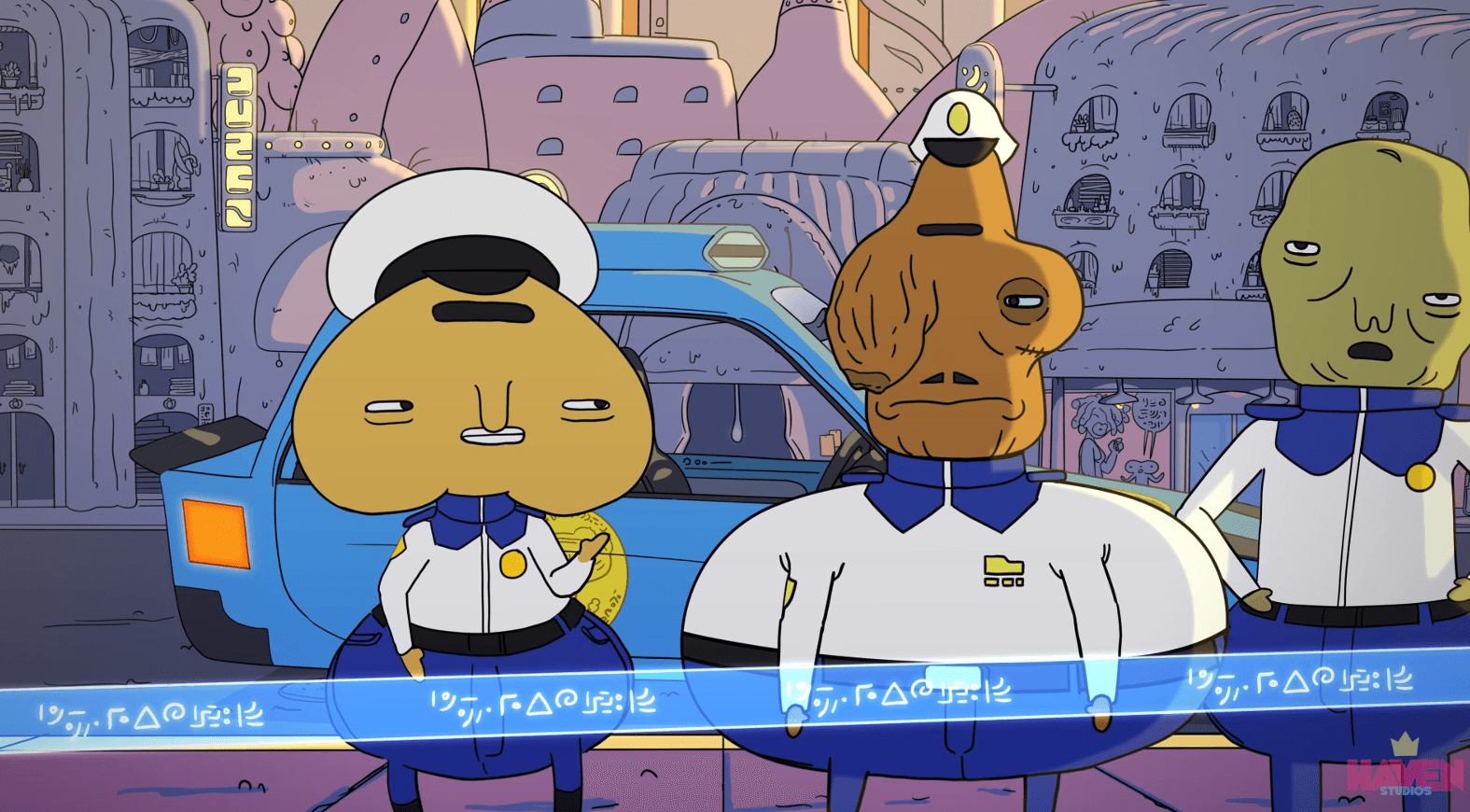 Three alien characters in uniforms stand in front of a futuristic cityscape with buildings and vehicles.