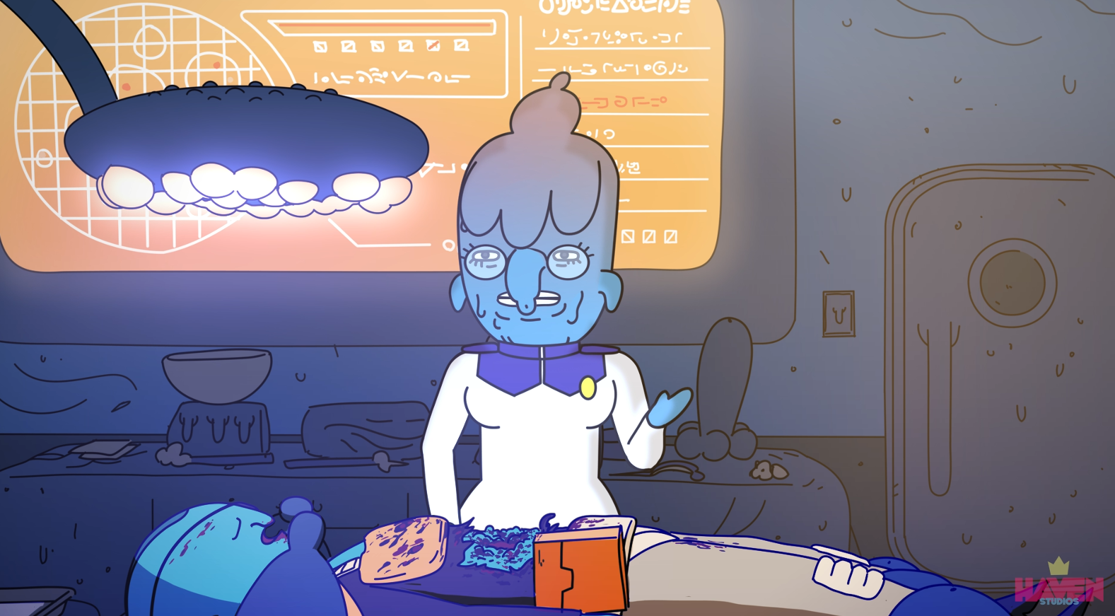 A cartoon character with glasses and a white outfit stands in a laboratory, with a person lying on a table in front.