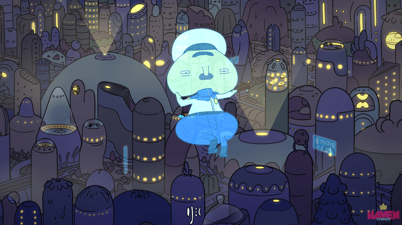 A large, glowing, blue ghostly figure floats above a cityscape at night with many illuminated buildings.
