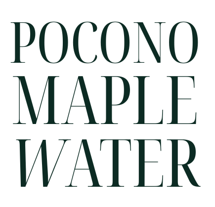 Text reading 'POCONO MAPLE WATER' in dark green on black background.