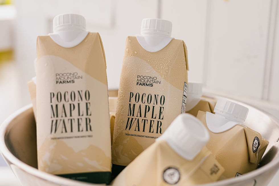 Four cartons of Pocono Maple Water in a white bowl, with a white background, all upright and visible.