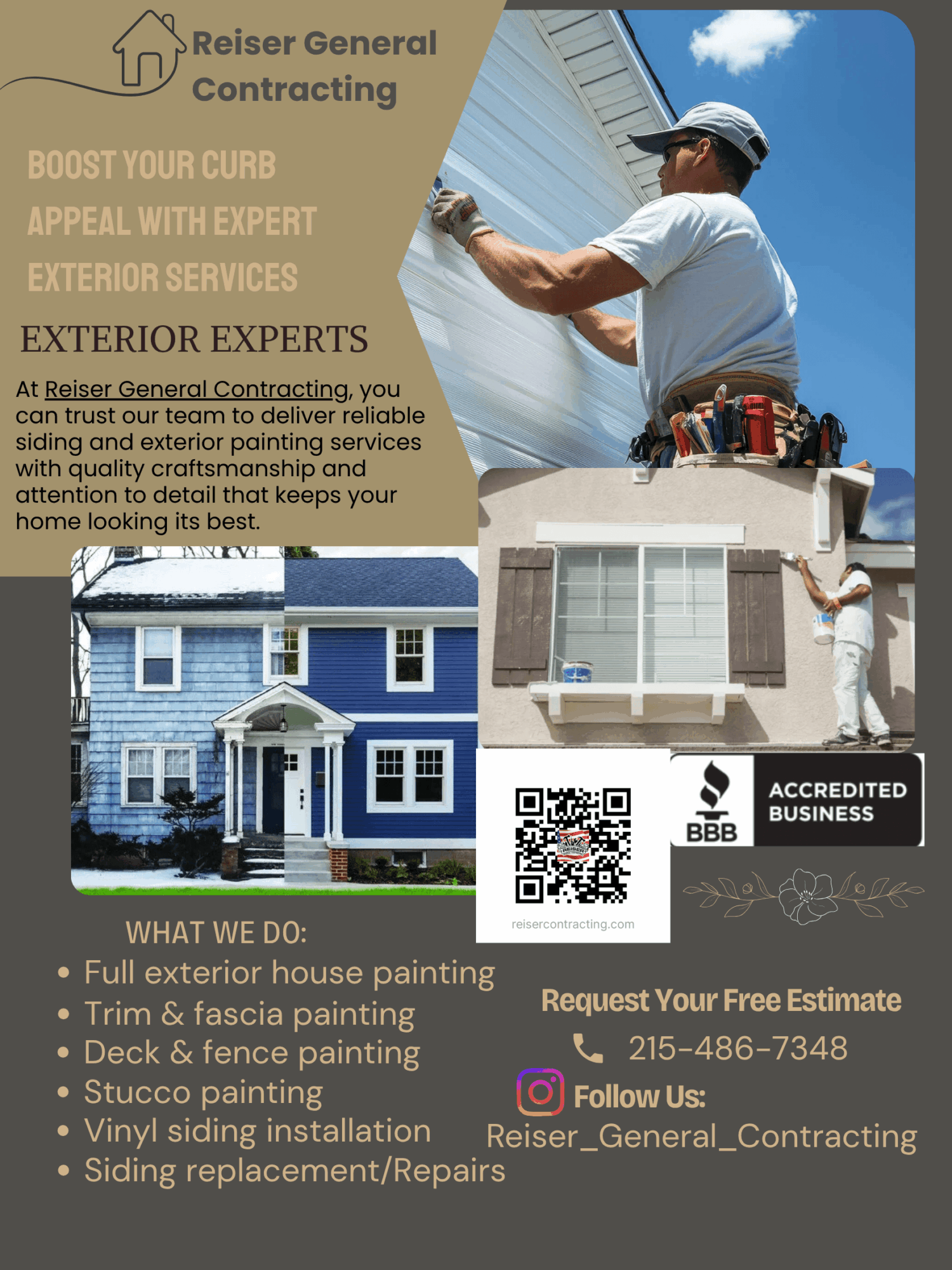 Person painting exterior of house with blue sky background, text about exterior painting services, house image, QR code, and contact info.