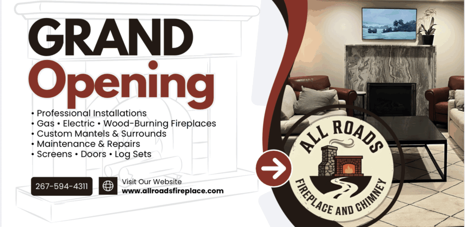 Advertisement for grand opening event with text, a logo, and a photo of a living room with a TV and furniture.