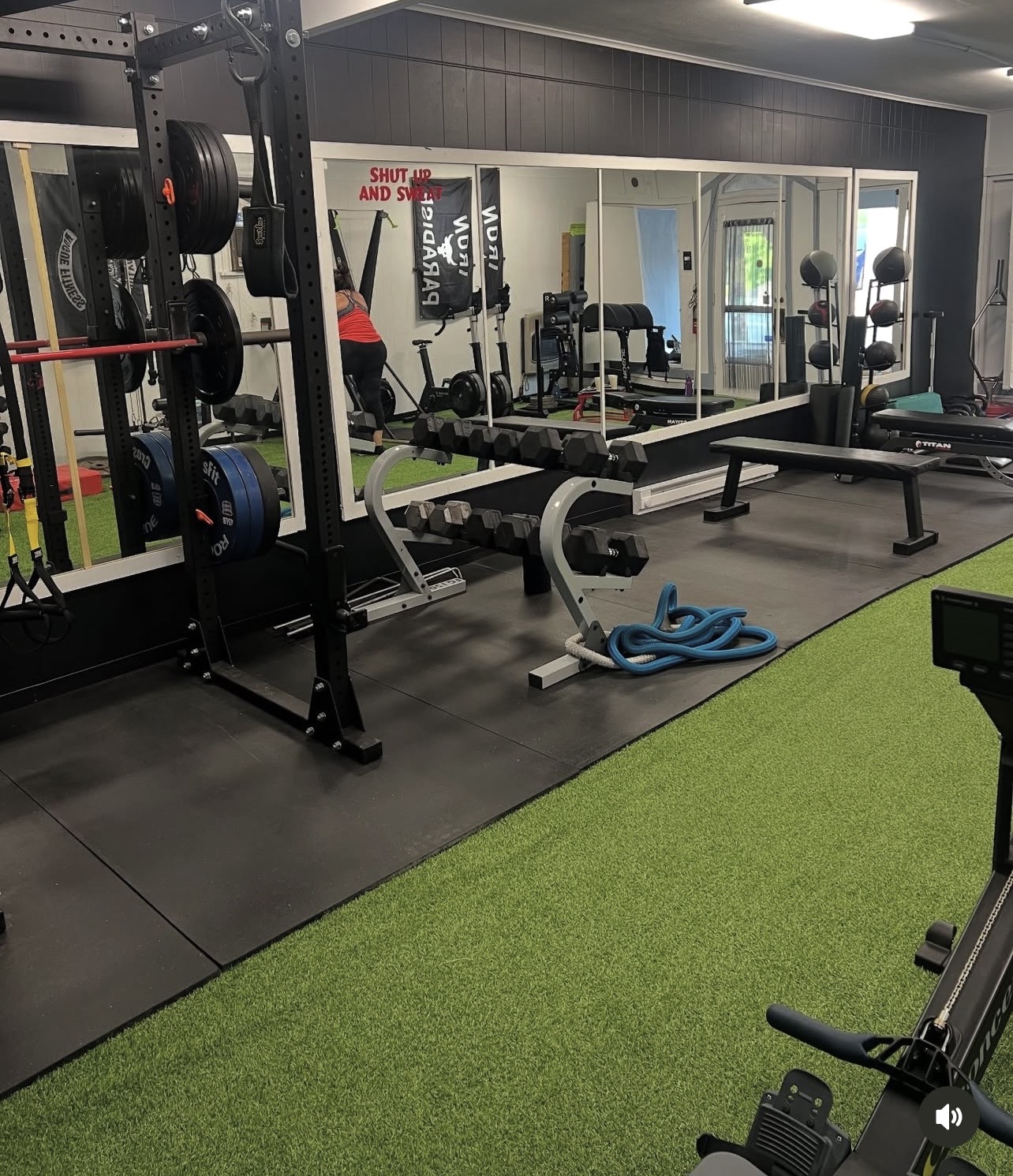 Gym with weightlifting equipment, mirrors, and a green turf area, well-lit with windows and ceiling lights.