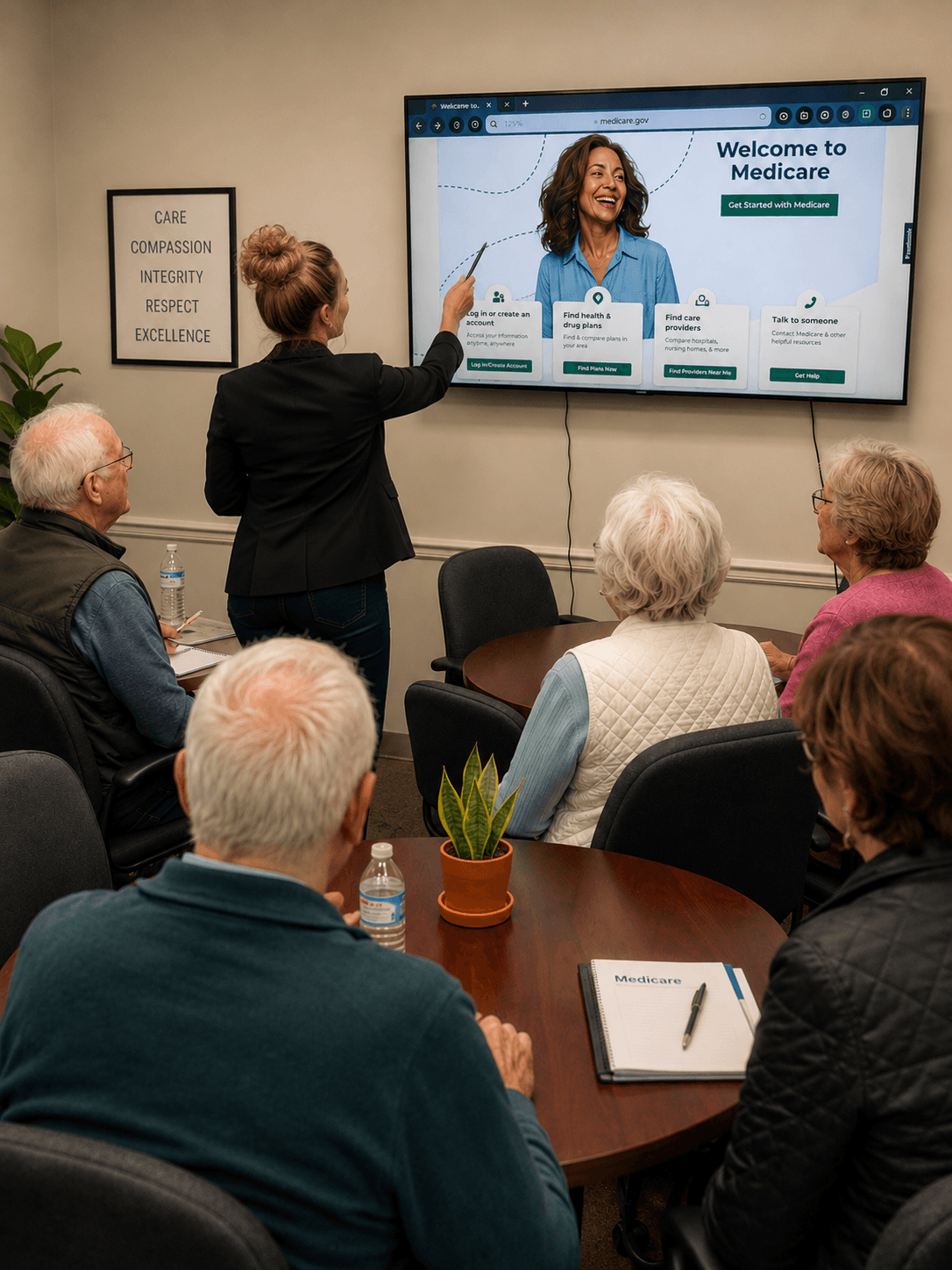 Group of people attending a presentation about Medicare, with a woman pointing at a screen showing a healthcare professional, in a conference room.