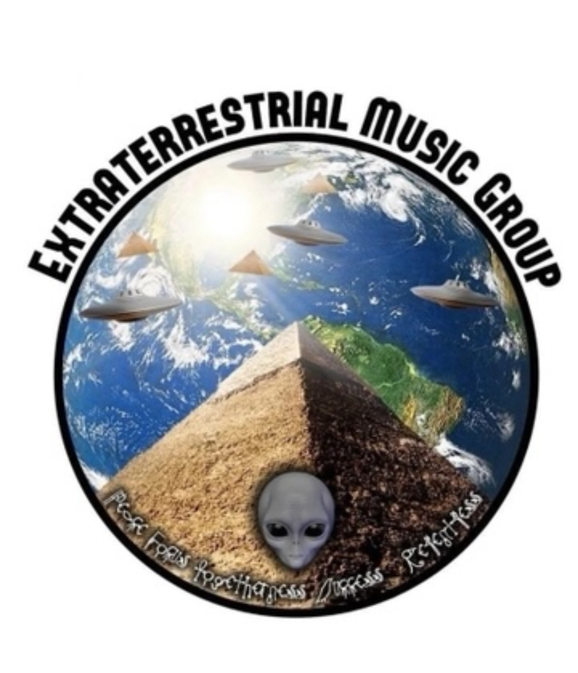 Earth with flying saucers, a pyramid, and an alien head, surrounded by text reading 'Extraterrestrial Music Group'.
