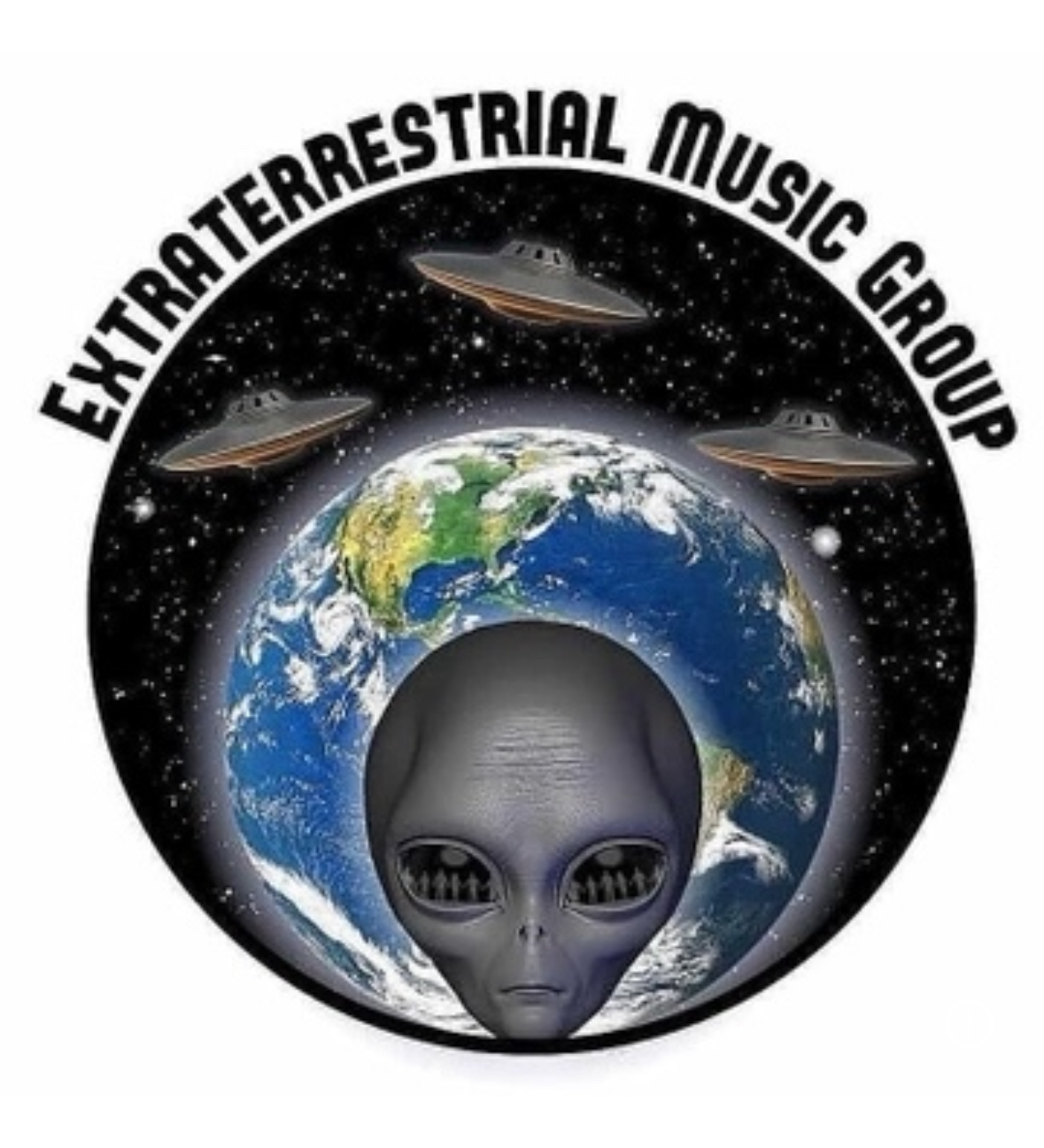 Alien face with large eyes in front of Earth, surrounded by three flying saucers and stars, with text above reading 'Extraterrestrial Music Group'.