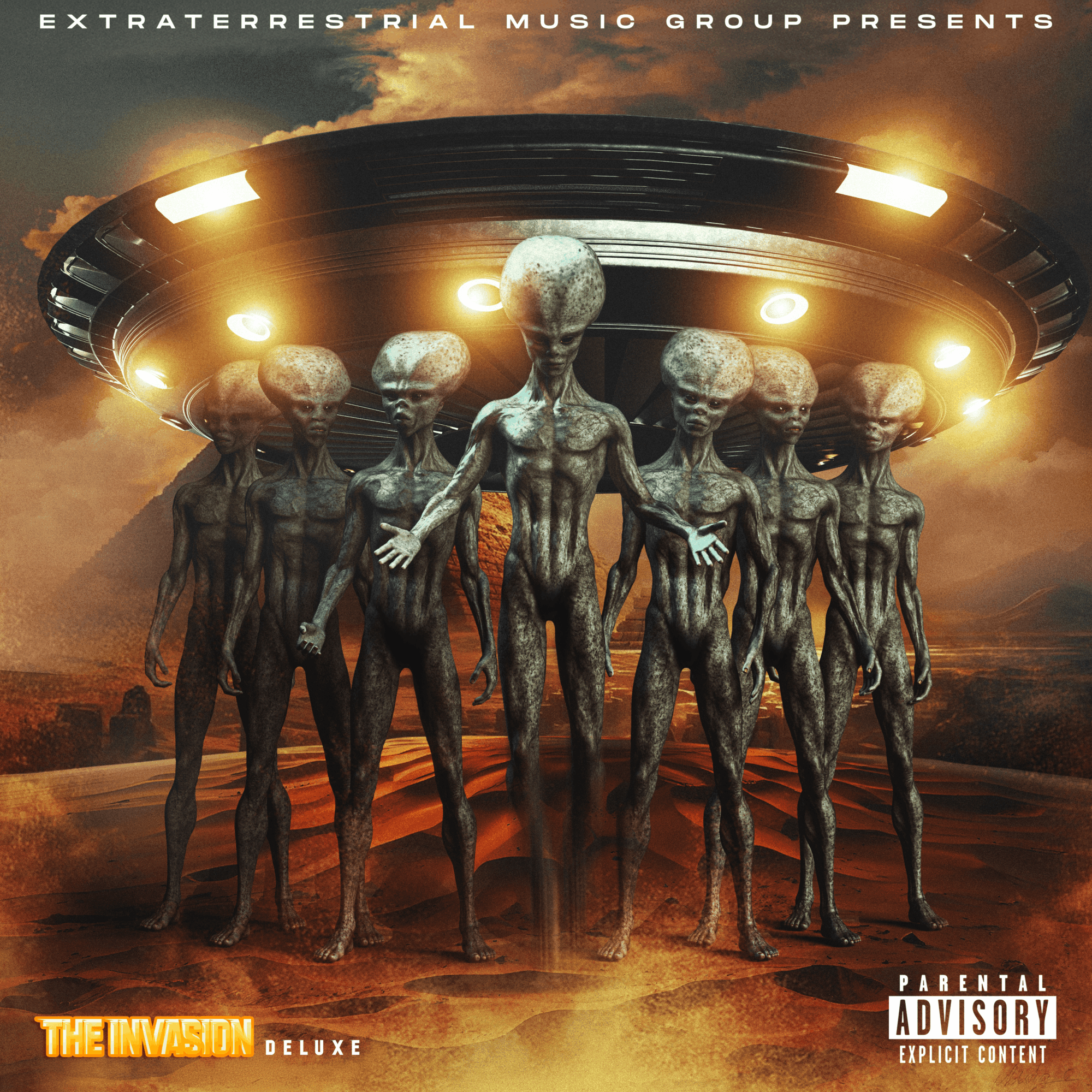 Group of seven alien figures with elongated heads and thin bodies stand in front of a spaceship in a desert landscape.