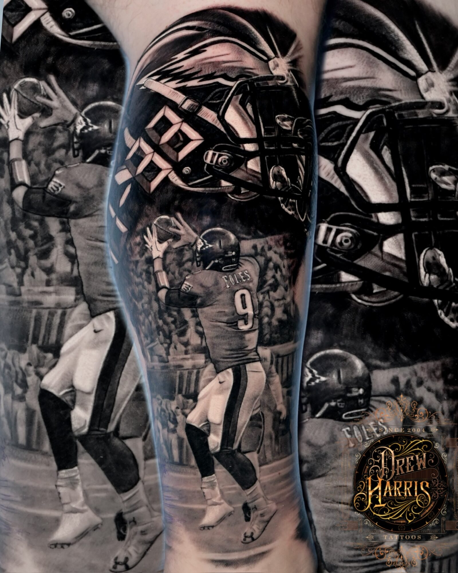 Tattoo of football players celebrating, a helmet, and a logo with text, in black and gray tones.