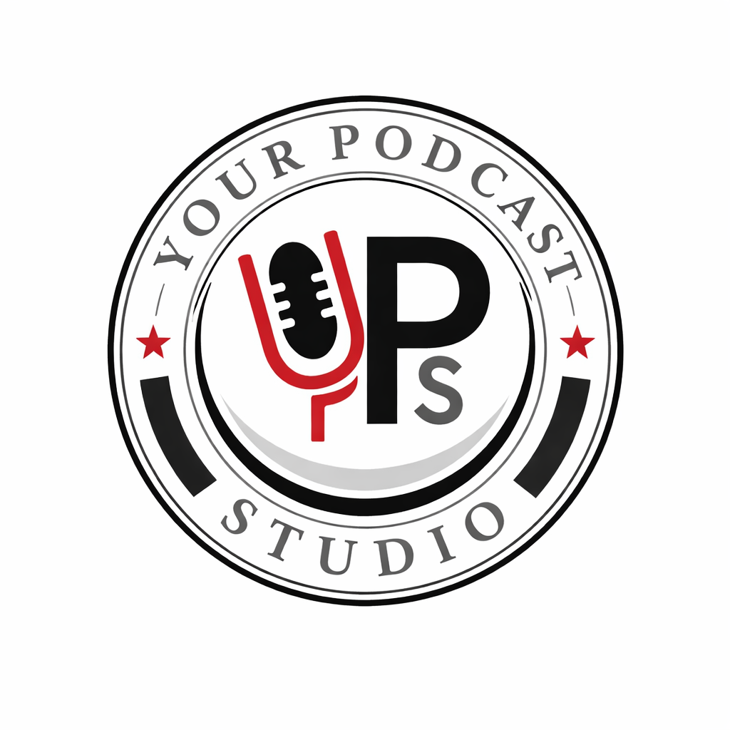 Podcast studio logo with microphone icon and text, circular design, black, red, and white colors.