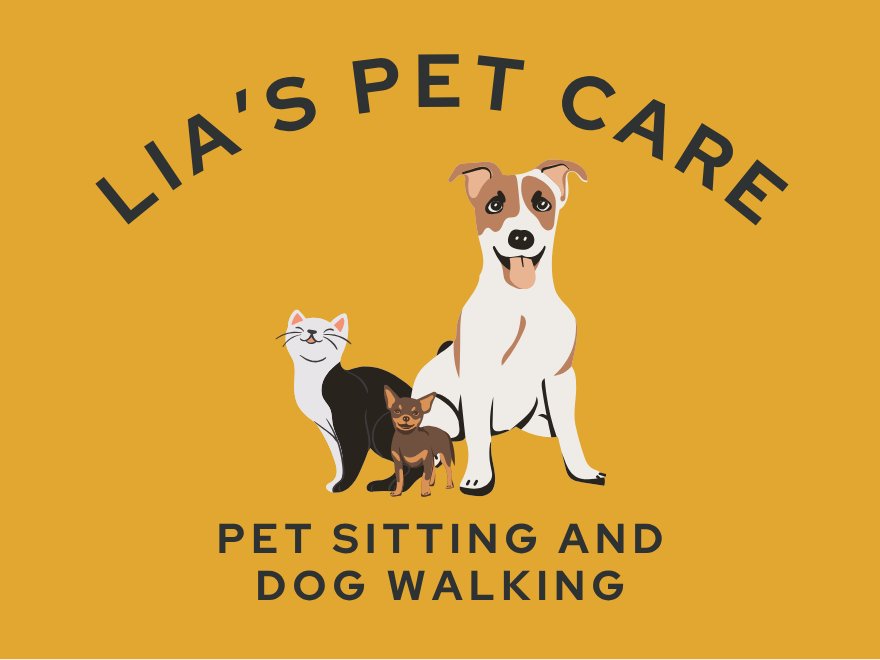 Logo for Lia's Pet Care with a dog, cat, and small dog, and text about pet sitting and dog walking.