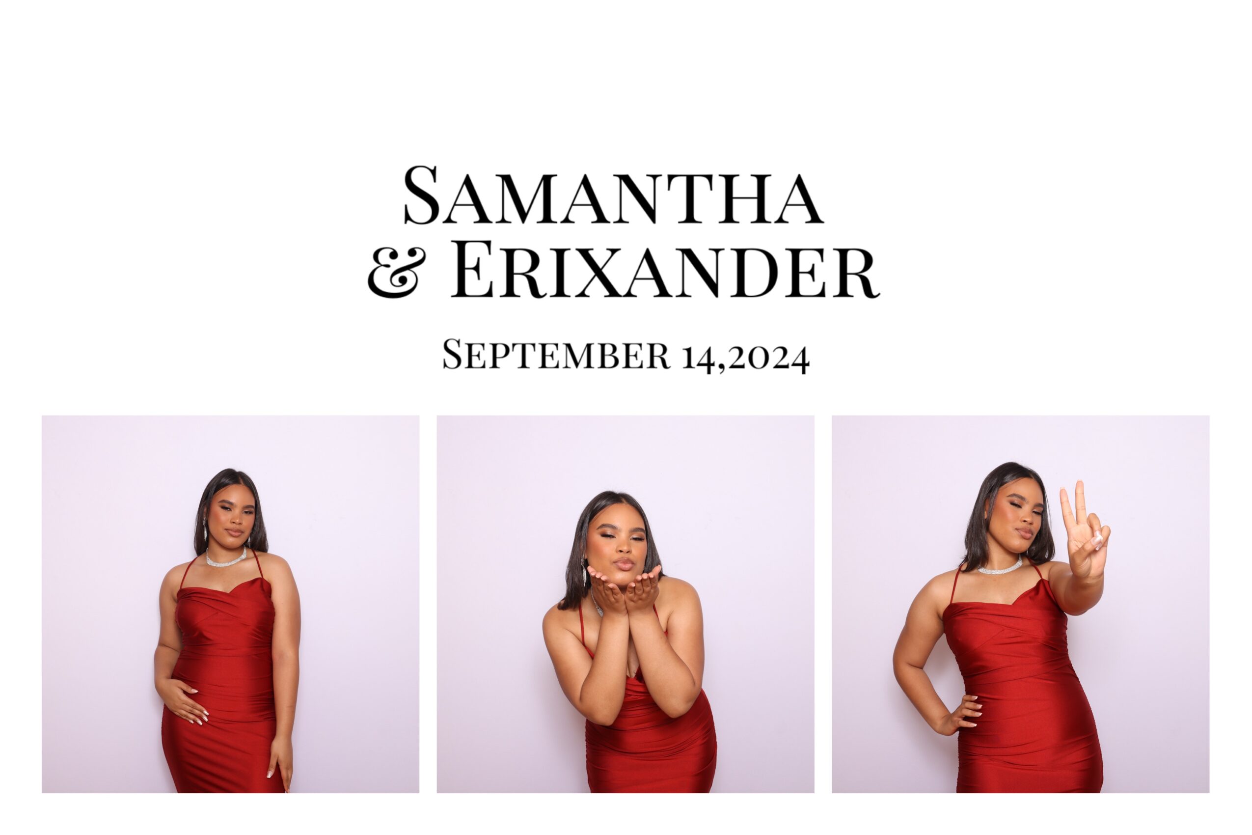 Three photos of a woman in a red dress, posing with different hand gestures, against a plain background.