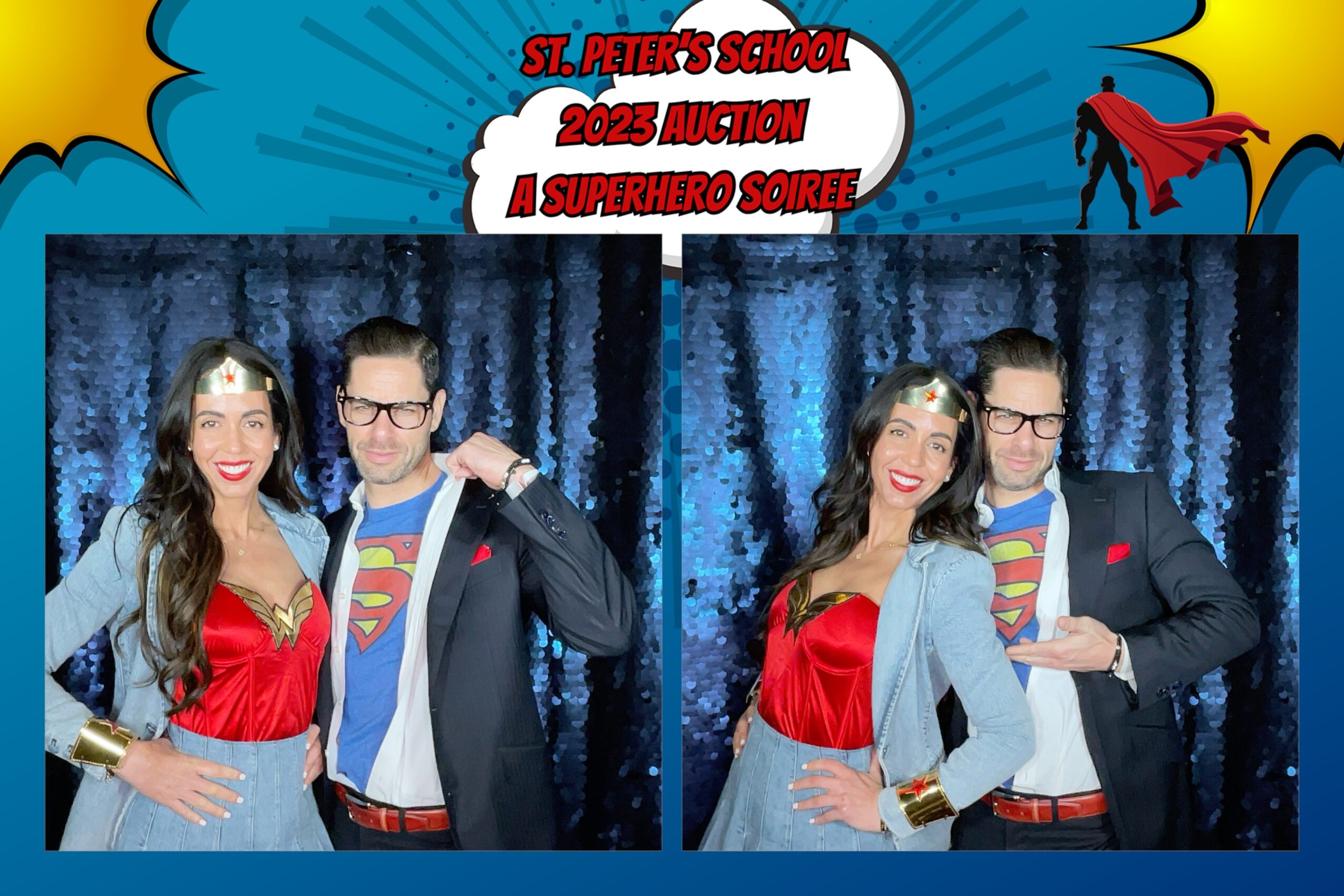 Two people in superhero costumes pose in front of a blue curtain at a school event, smiling and dressed as a superhero and a character.