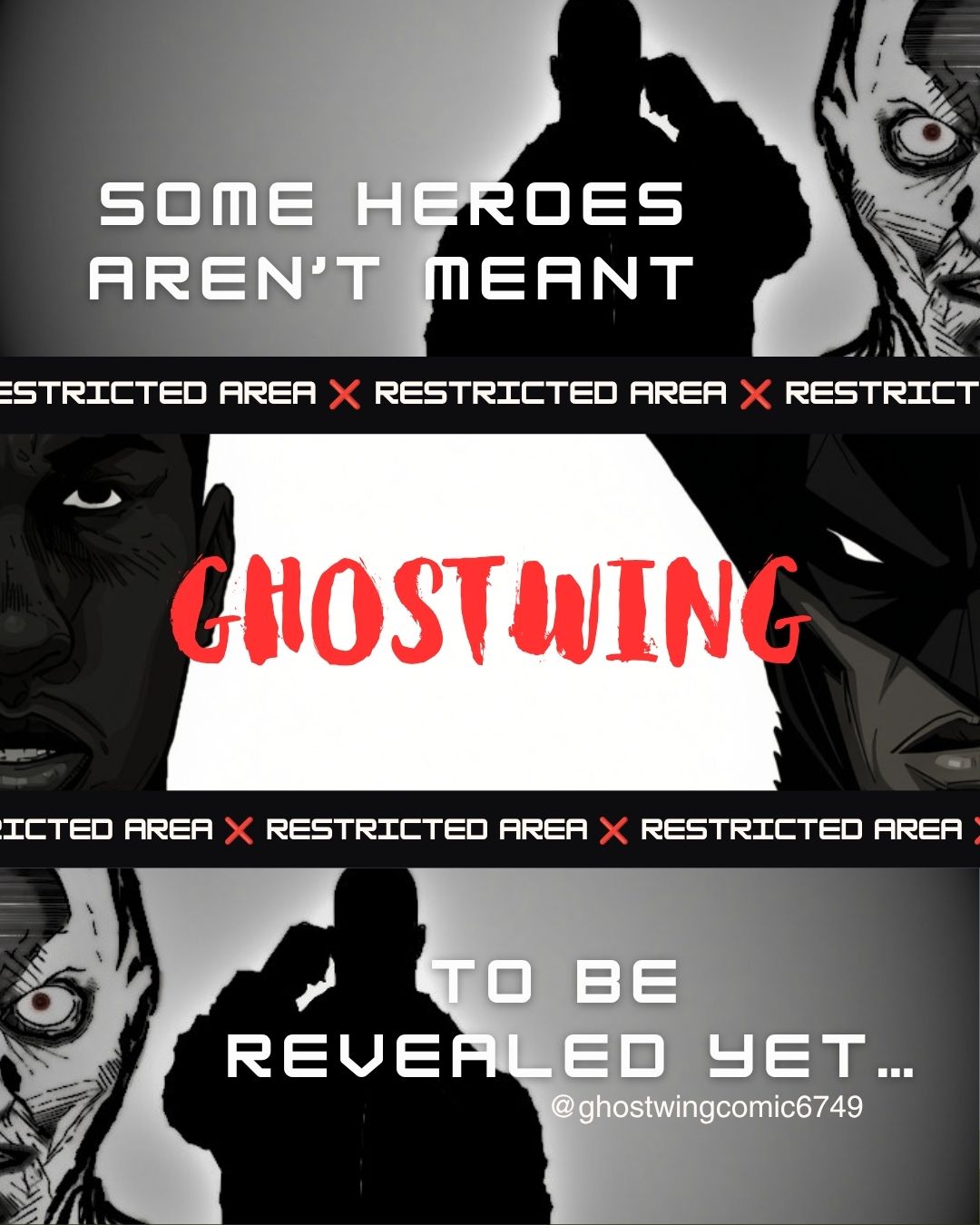 Silhouetted figure with text about heroes, ghosting, and revealing, with partial faces and a black and white background.