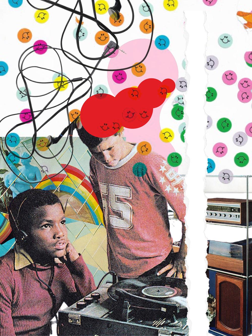 Two children with a colorful background, one with a rainbow umbrella, and a turntable in front of them.