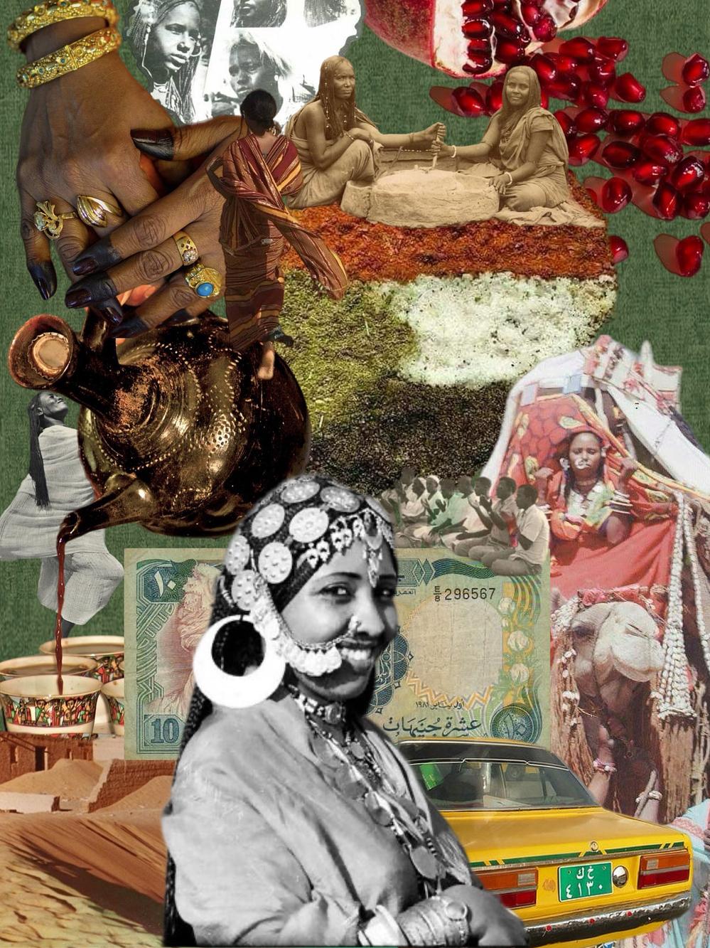 Collage of Indian cultural scenes, including statues, jewelry, and traditional attire, with a woman in traditional dress and jewelry in foreground.