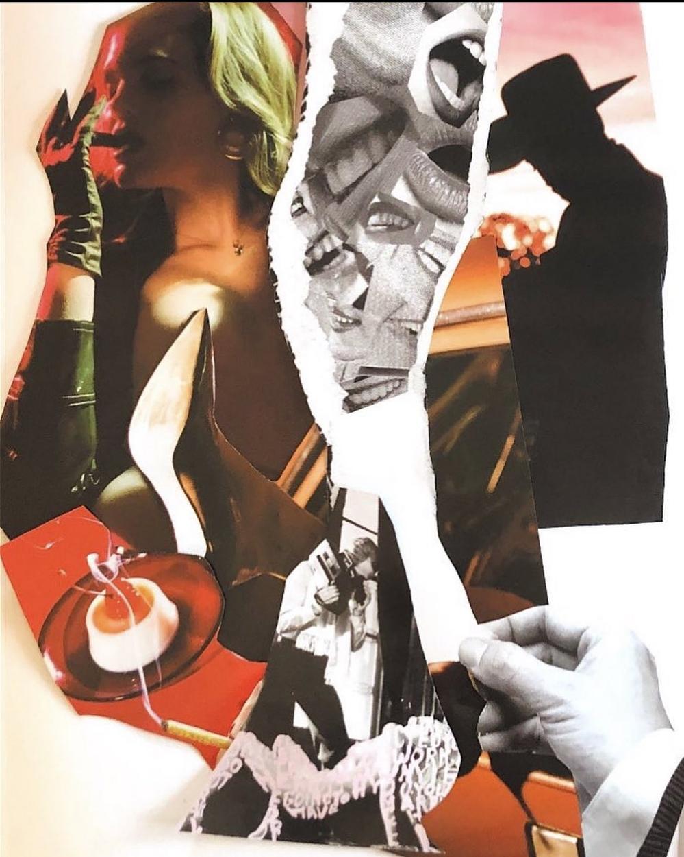 Collage of torn magazine images, including a woman, a silhouette of a person with a hat, and various abstract elements.