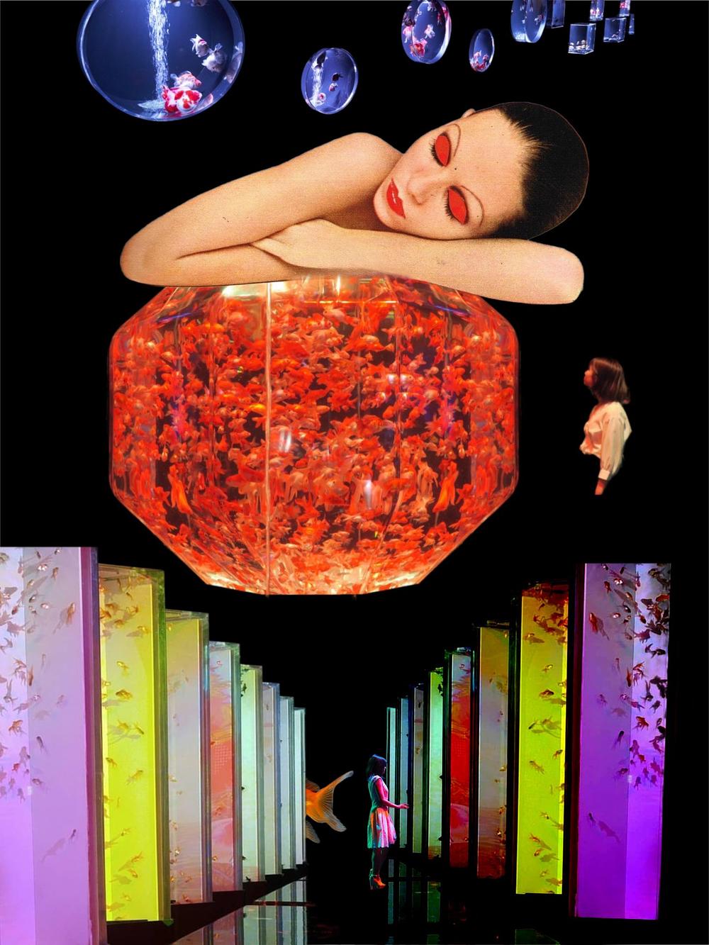 A woman with red lipstick and closed eyes rests her head on a large, glowing red cube with colorful patterns, surrounded by vibrant vertical panels.
