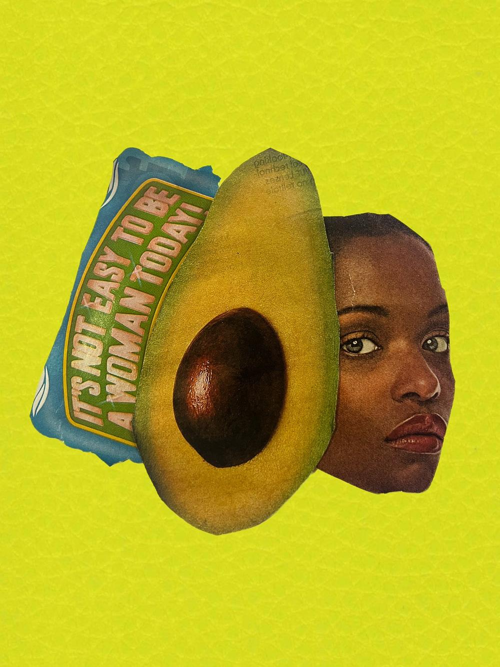 A collage with a woman's face, a sliced avocado, and a blue object with text, on a yellow background.