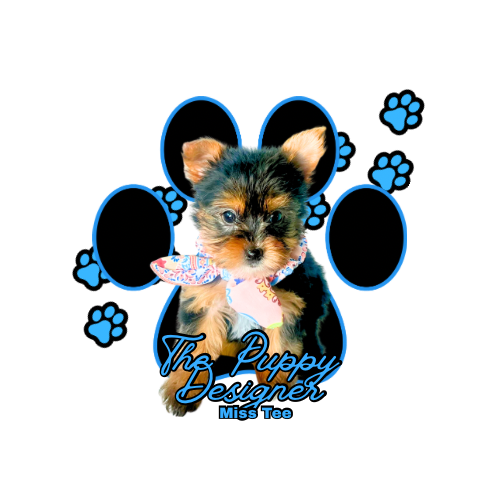 Cute puppy with a bowtie, surrounded by paw prints and circles, with text 'The Puppy Designer Miss Tee'.