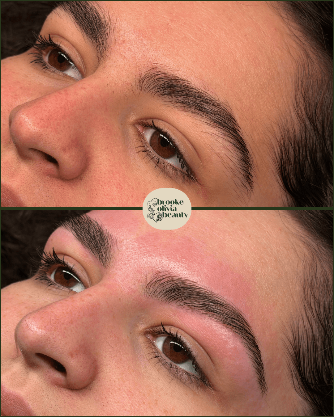 Close-up of a person's face showing before and after eyebrow grooming, with visible skin and eye details.
