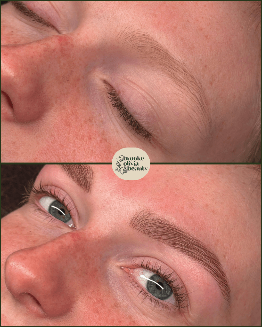 Close-up of a person's face showing before and after eyebrow grooming, with one eye open and the other closed, skin with freckles.