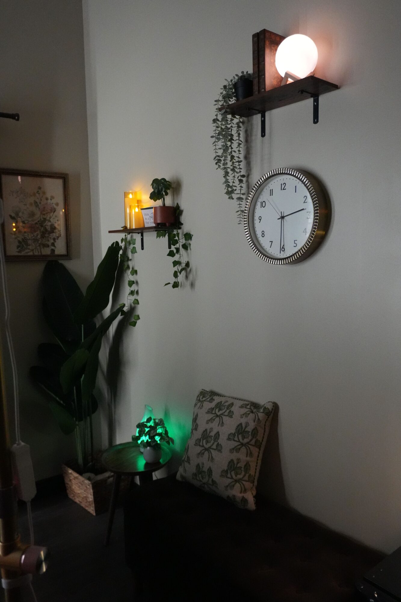 Interior room with a wall clock, a lit lamp, plants, and decorative items on a white wall.