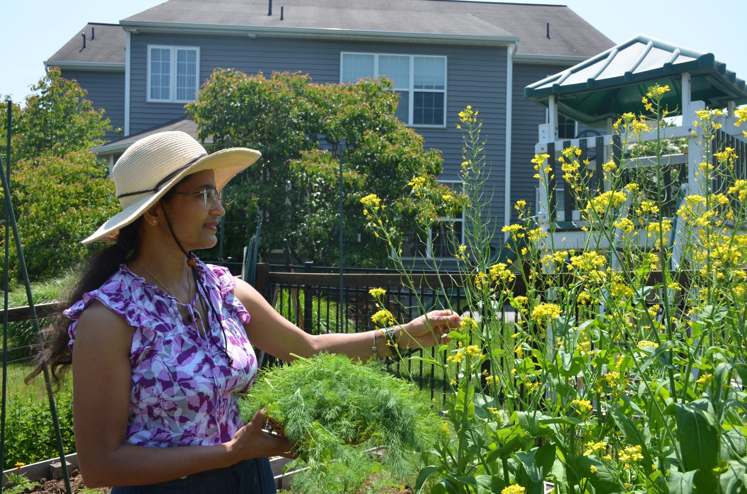 Woman in a hat watering yellow flowers in a garden with a house in the background.