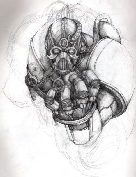 Sketch of a character wearing armor and a horned helmet, reaching forward with a gloved hand, detailed armor and helmet design.