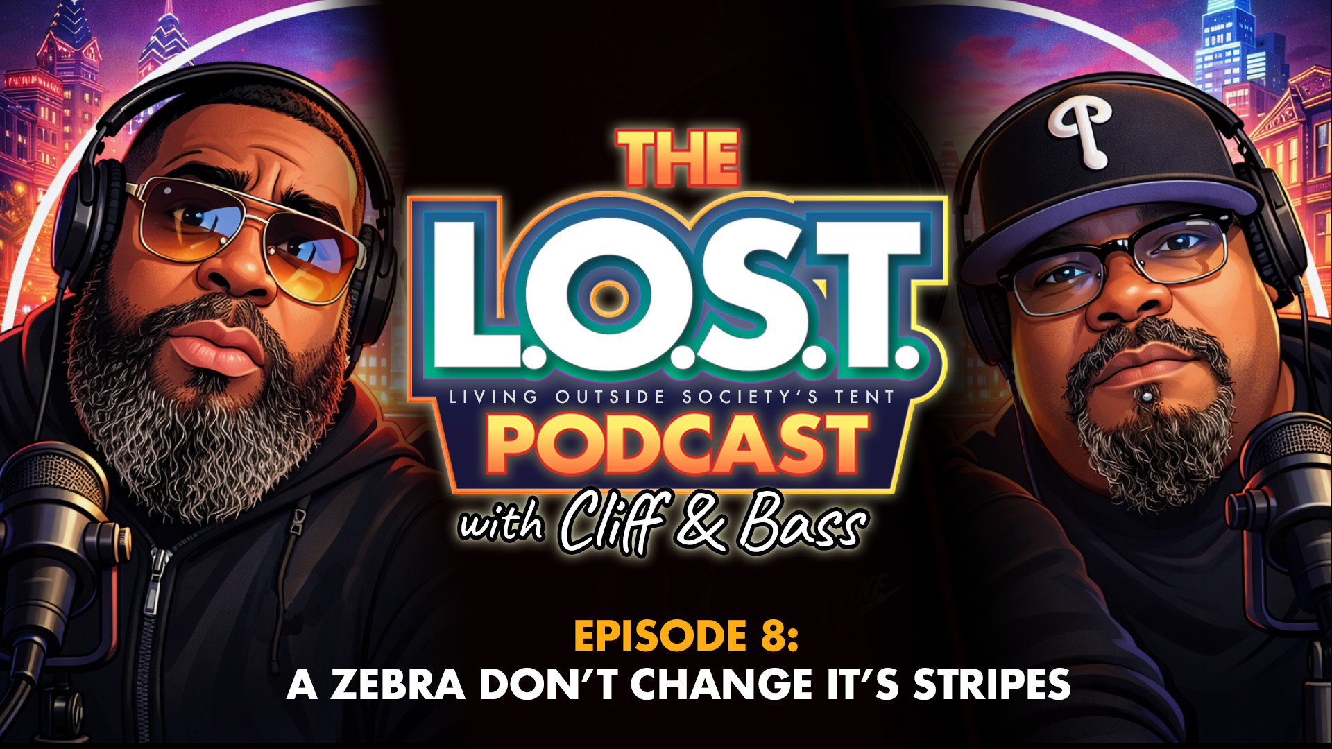 Podcast cover featuring two men wearing headphones, with colorful text and a city skyline background.