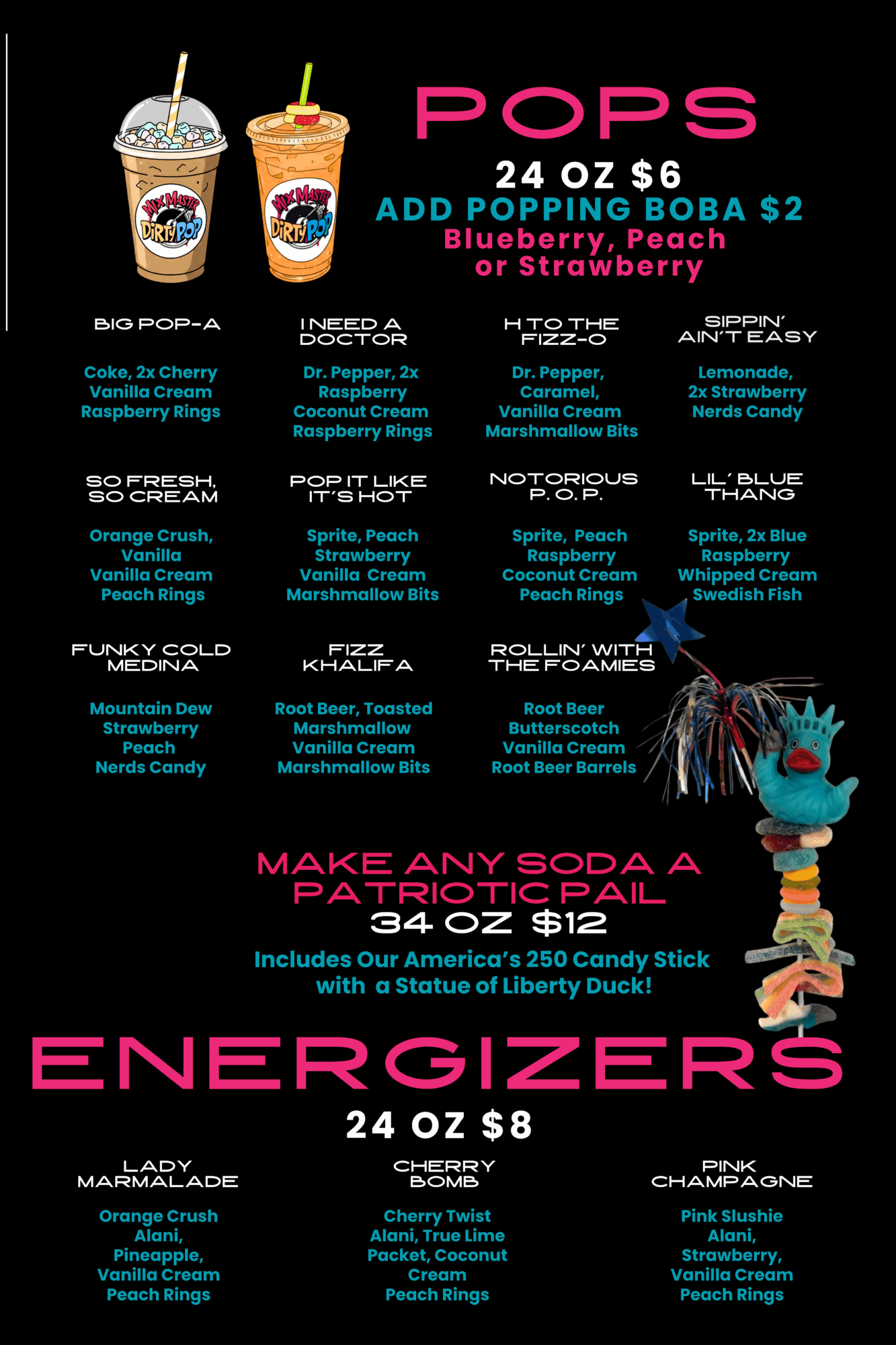 Menu listing various flavored sodas and energizers with colorful text and images of drinks and a person with colorful accessories.