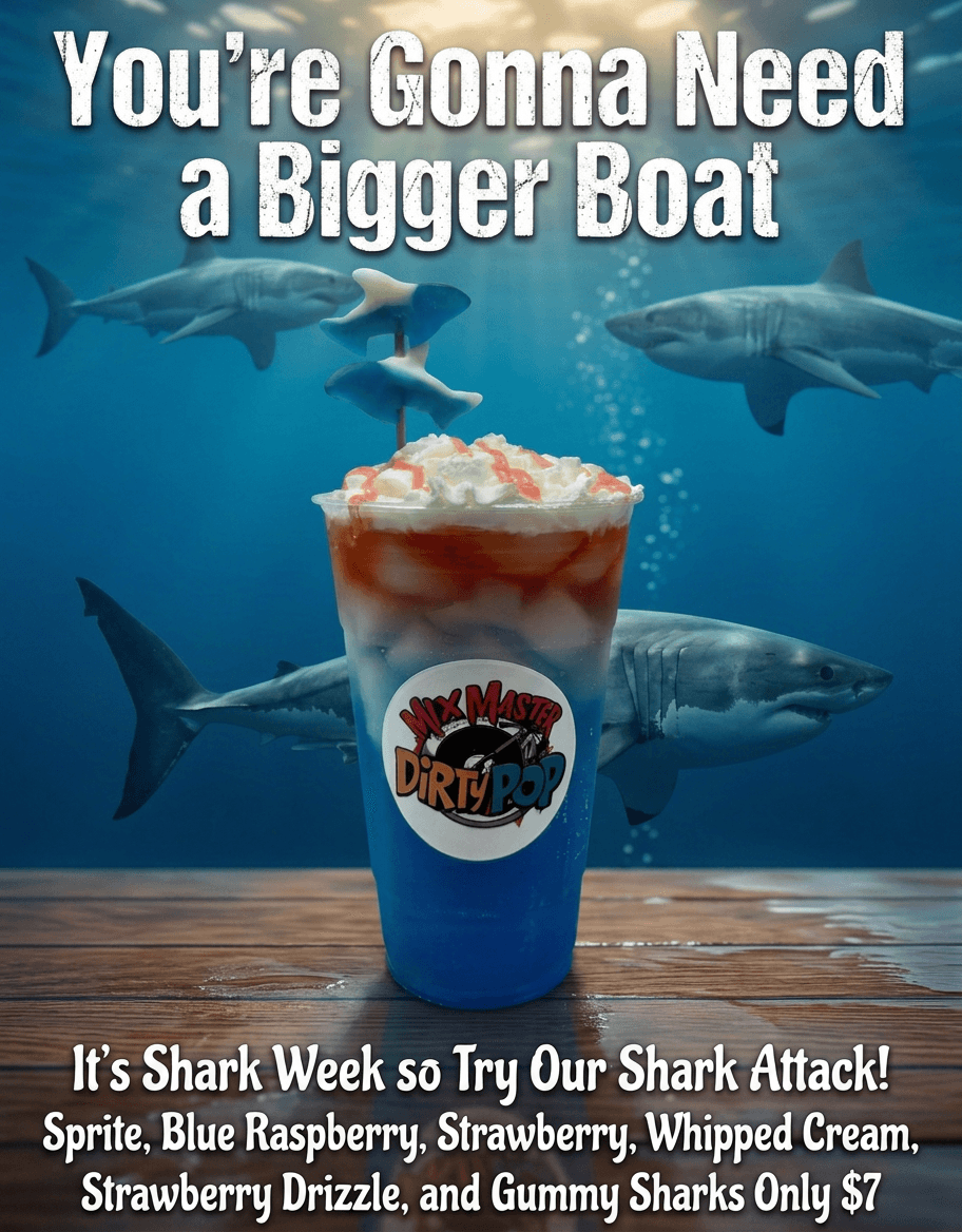 A large blue and white drink with whipped cream and a logo, underwater with sharks swimming around, text about Shark Week.