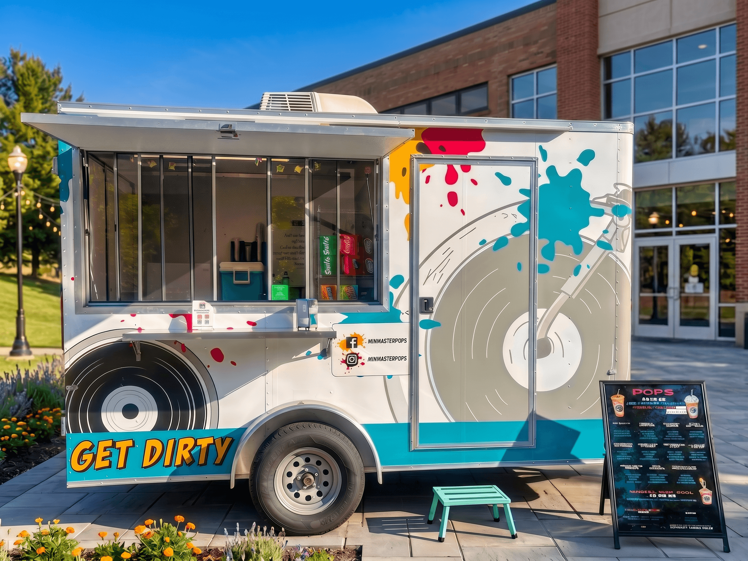 Mobile food truck with colorful paint splashes, a large speaker graphic, and a sign that says 'GET DIRTY'.