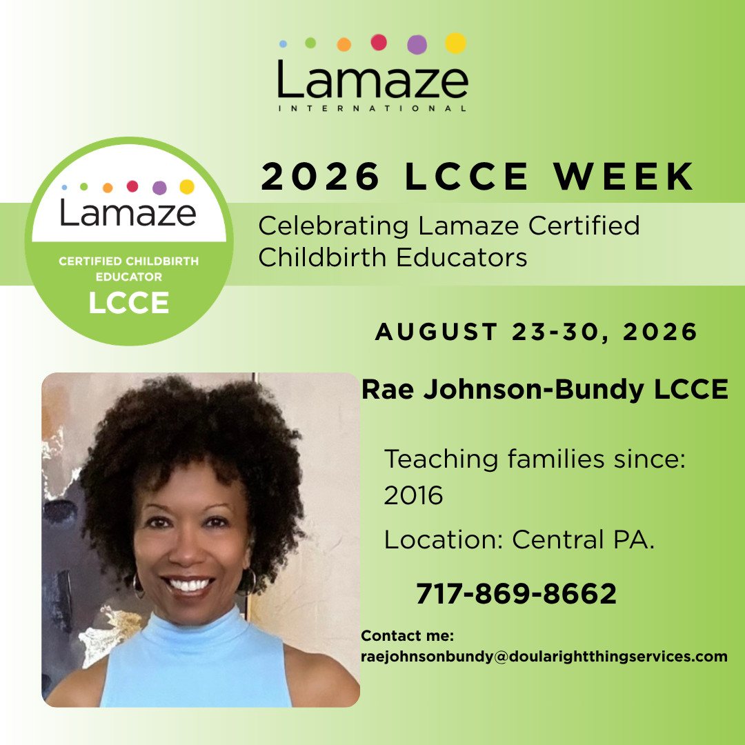 Celebrating Lamaze Certified Childbirth Educator Rae Johnson-Bundy at LCCE Week, August 23-30, 2026, with a smiling woman and event details.