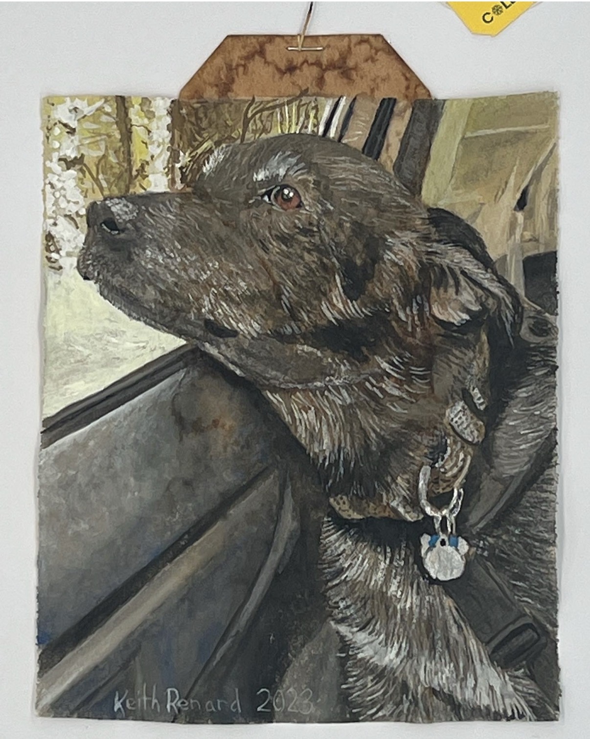 Dog looking out of a window with a collar and tag, sitting on a vehicle seat, painted in a realistic style.