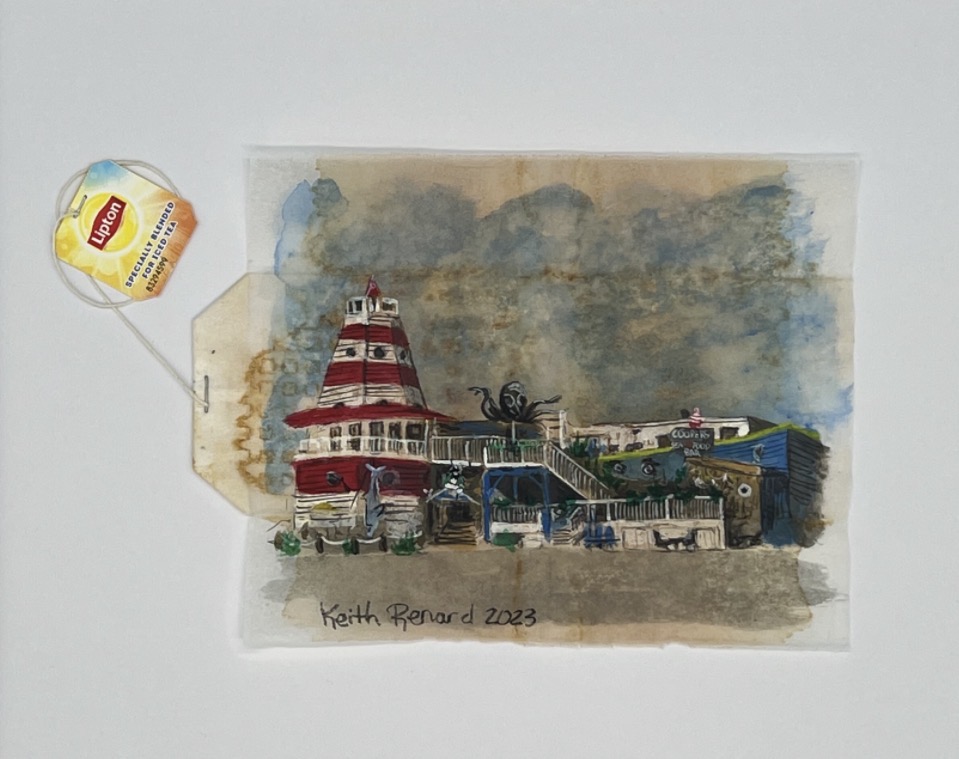 Watercolor painting of a lighthouse with a red and white striped pattern, buildings, and a cloudy sky, signed 2023.