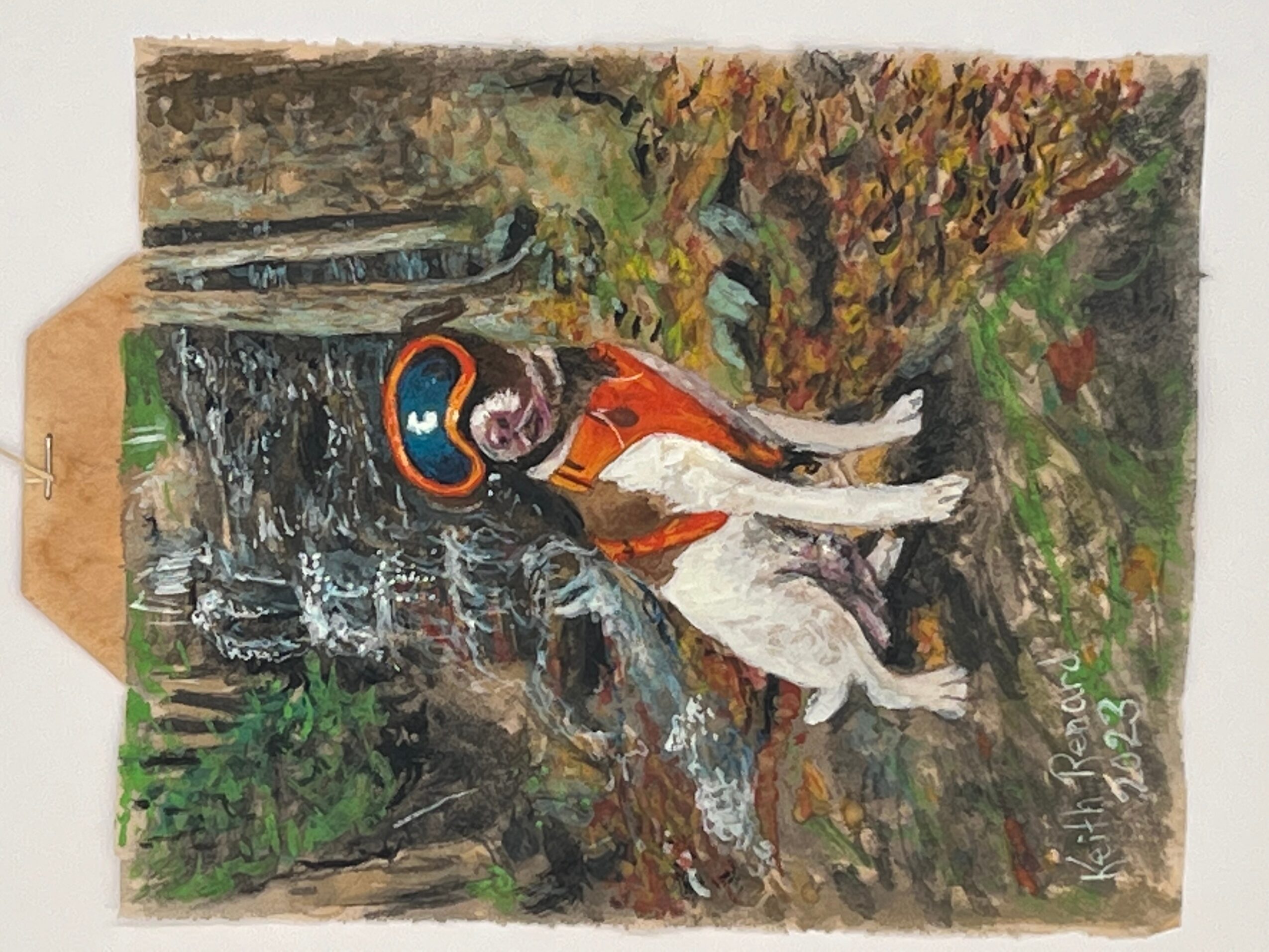 Person wearing a hat and orange shirt sitting by a stream in a forested area, surrounded by trees and rocks.