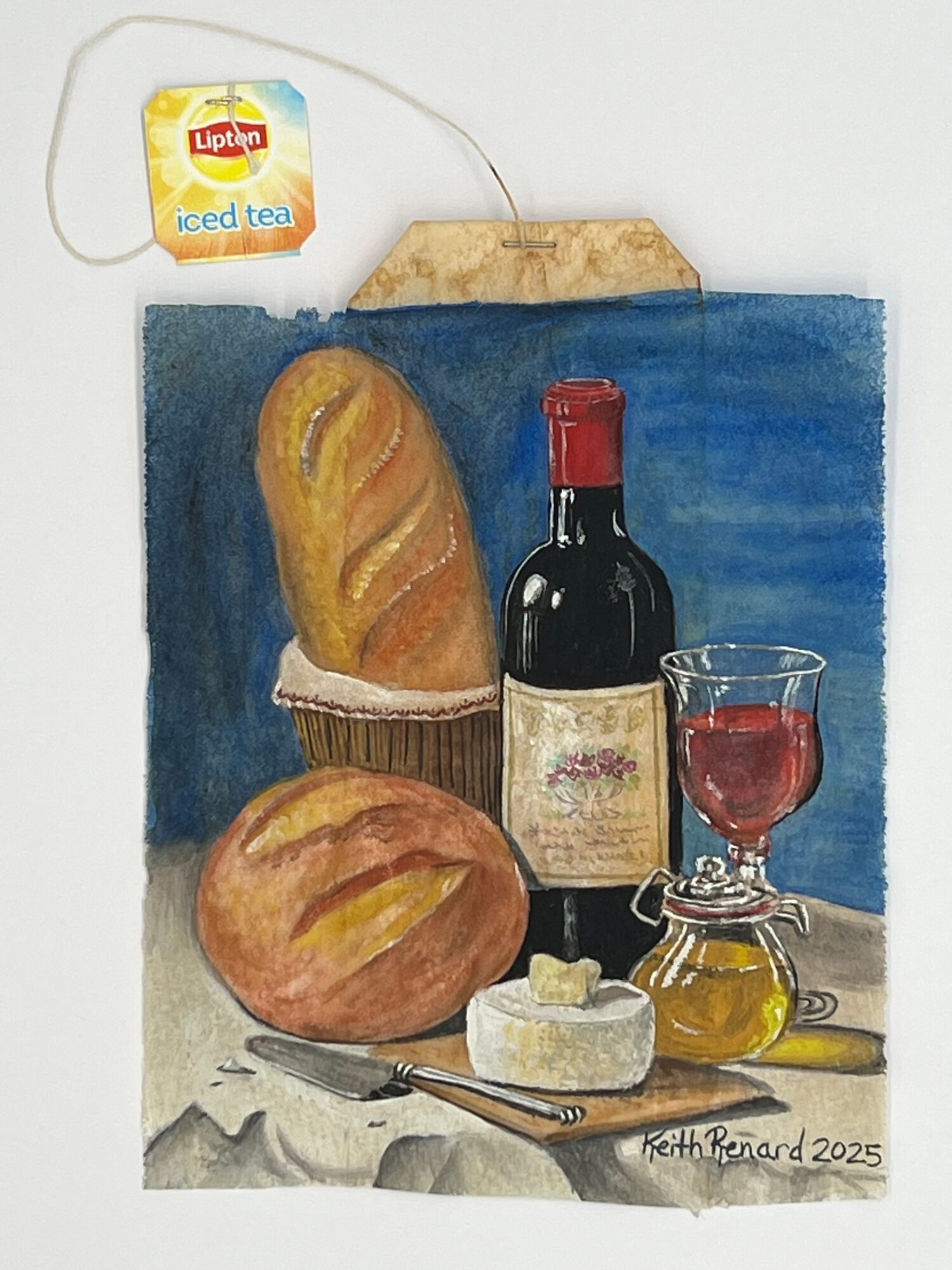 Still life painting of bread, a bottle of wine, a glass of wine, cheese, and a knife on a table with a blue background.