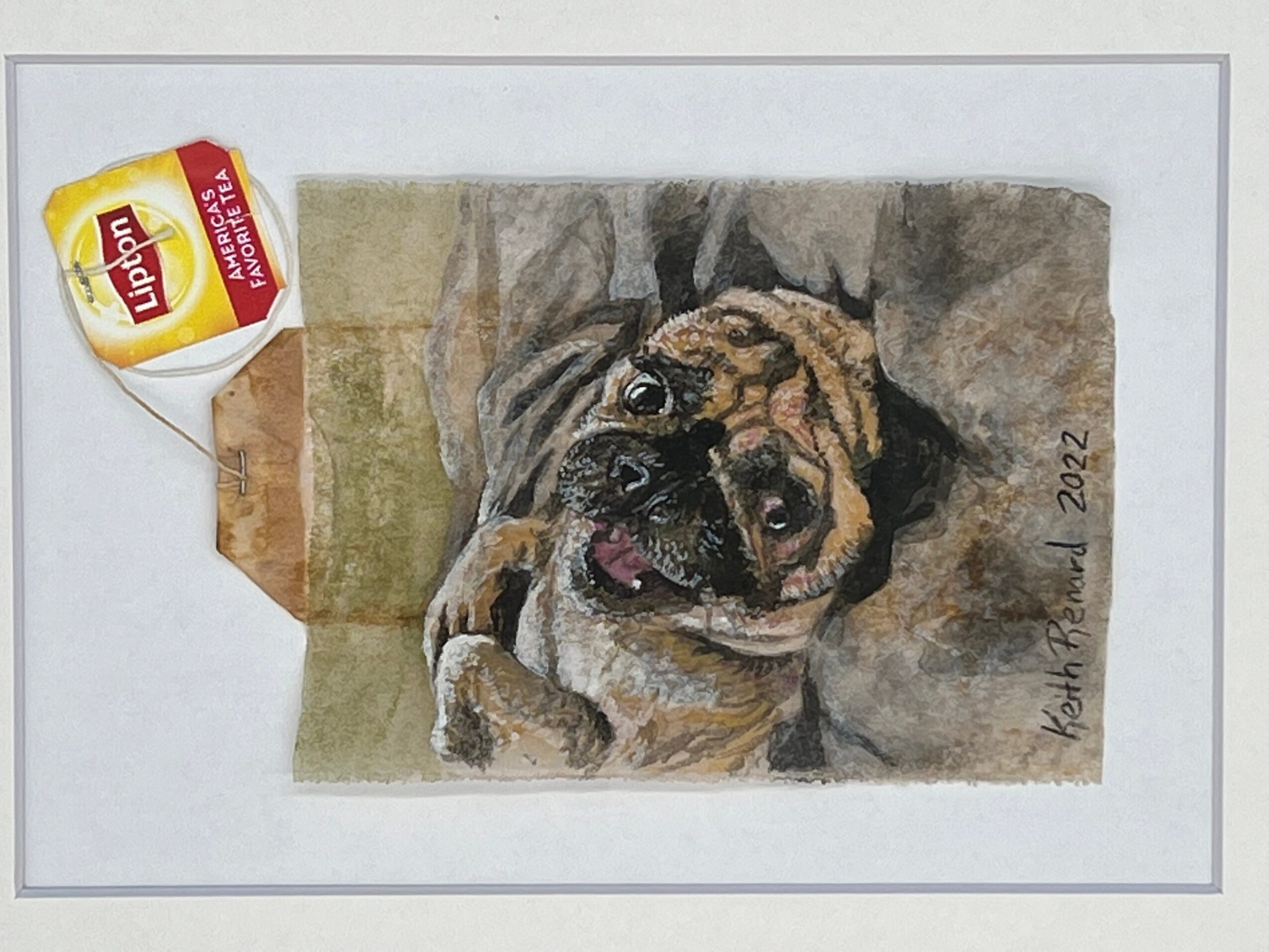 A watercolor painting of a dog with a tag attached, displayed on a white background.