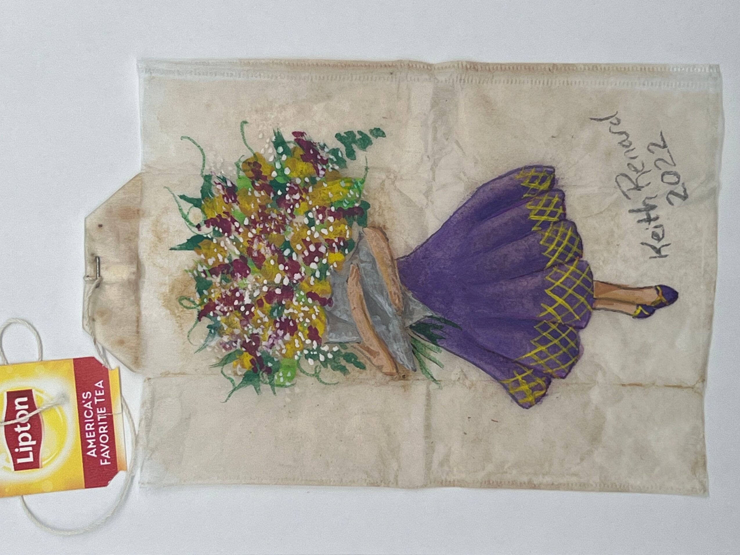 Hand-drawn illustration of a person holding a large bouquet of colorful flowers, wearing a purple skirt and yellow shoes, with a signature and date. Word count: 20